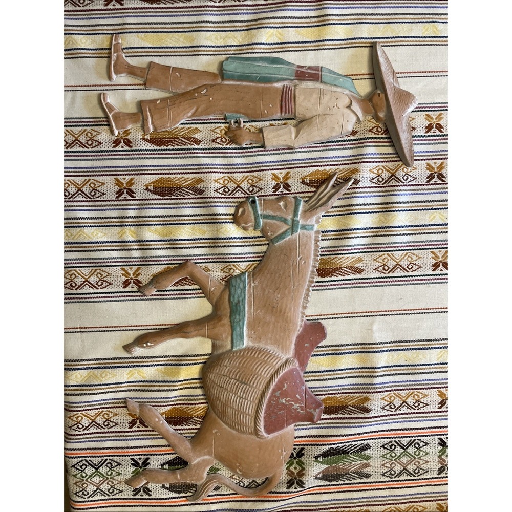 Vtg Mexican Latin American Man Burro Donkey Metal Wall Hanging Southwestern